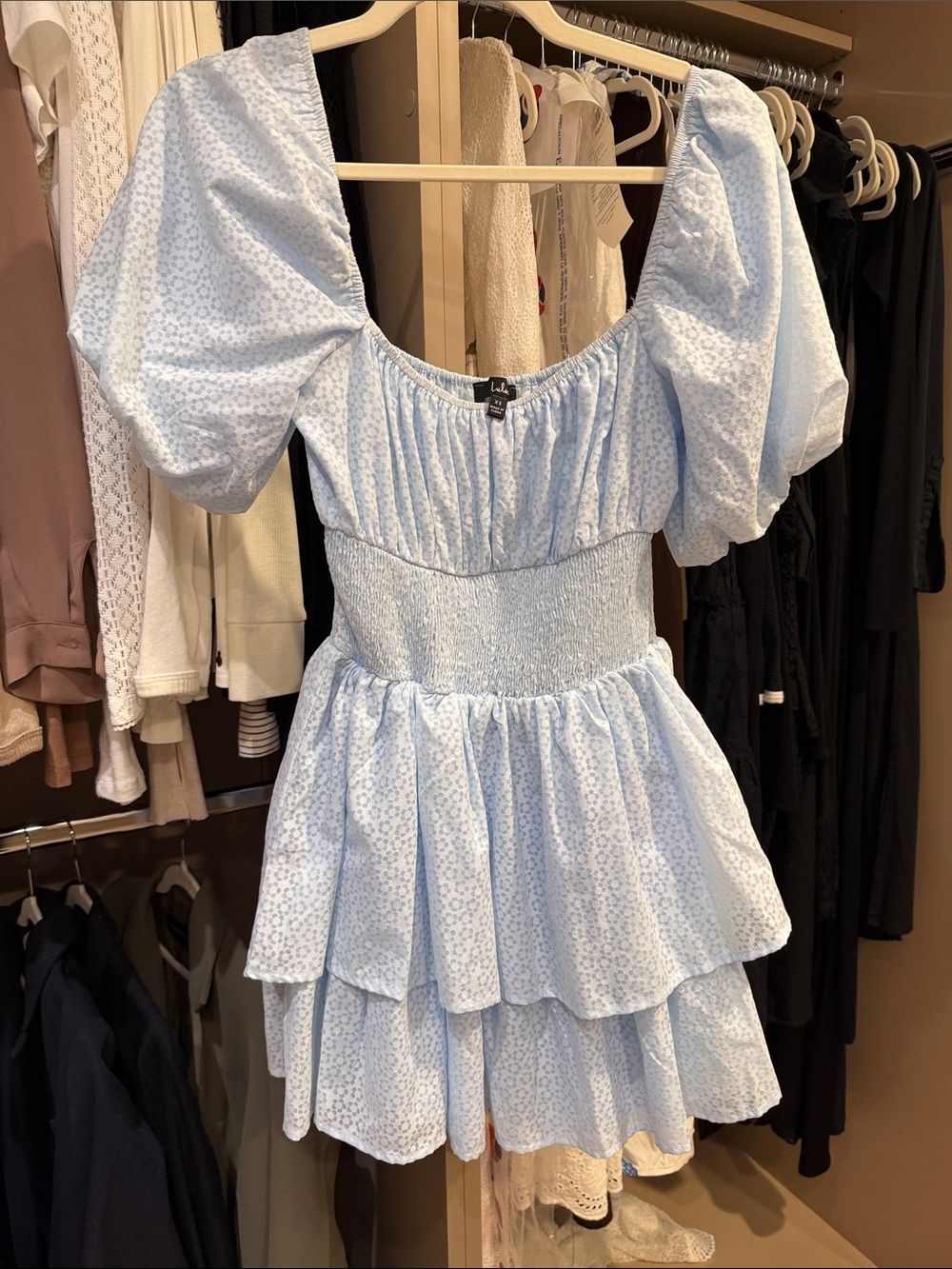 Lulu's Light Blue Puff Sleeve Tiered Mini Dress